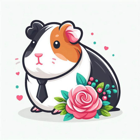 Cute guinea pig with a bouquet of flowers. Vector illustration.のイラスト素材