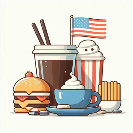 Fast food vector illustration. American flag, hamburger, coffee and french fries.のイラスト素材