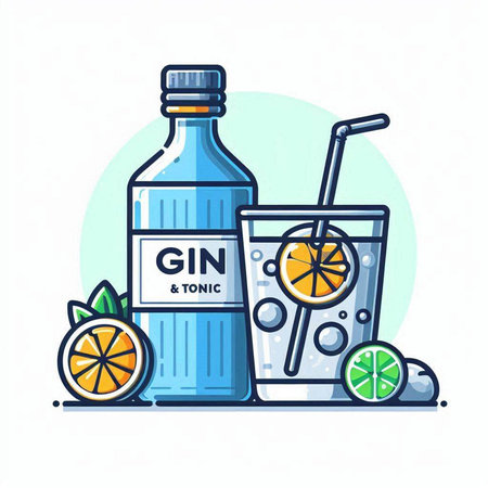 Bottle of non-alcoholic drink with lemon and straw. Vector illustrationのイラスト素材