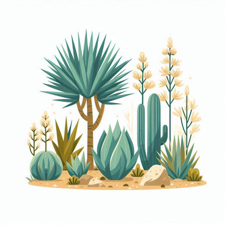 Cactuses and succulents in the desert. Vector illustrationのイラスト素材