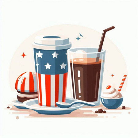 Coffee cup with american flag and fast food. Vector illustration.のイラスト素材