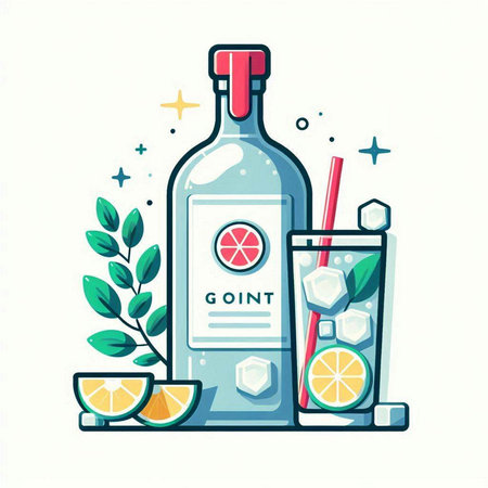Cocktail with lime, ice cubes and straw. Vector illustrationのイラスト素材