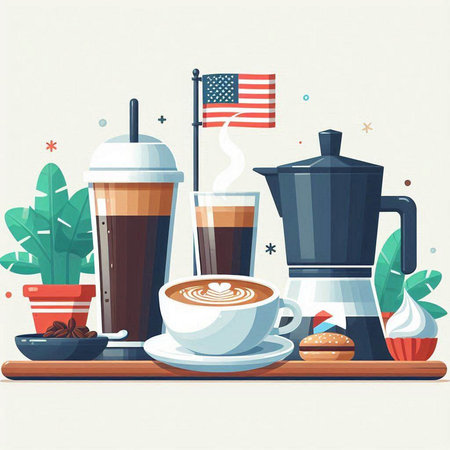 Coffee set. Cappuccino, americano, americano, american flag, american flag, coffee pot. Vector illustrationのイラスト素材