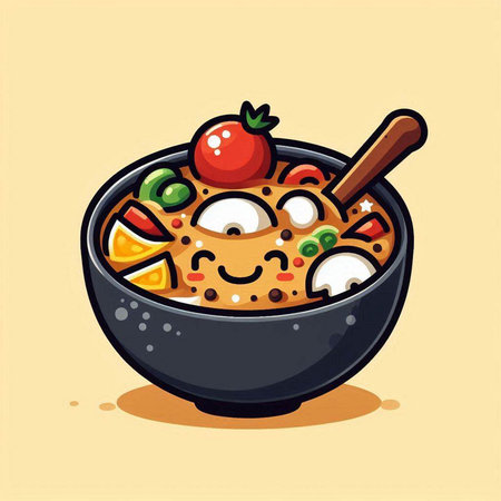 Cartoon vector illustration of a bowl of vegetable soup with a spoonのイラスト素材