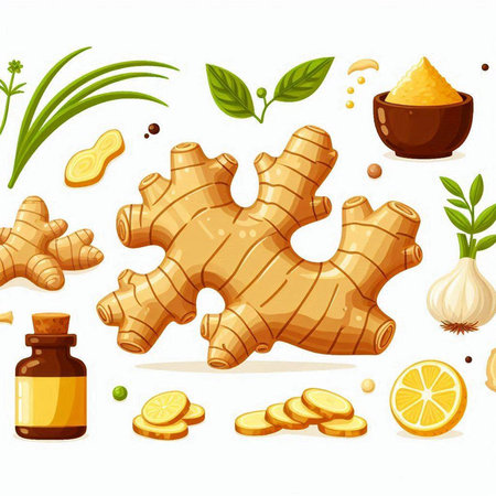 Ginger root, lemon, spices and herbs. Vector illustration.のイラスト素材