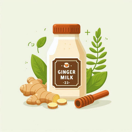Ginger milk in bottle with mint leaves and cinnamon stick. Vector illustration.のイラスト素材