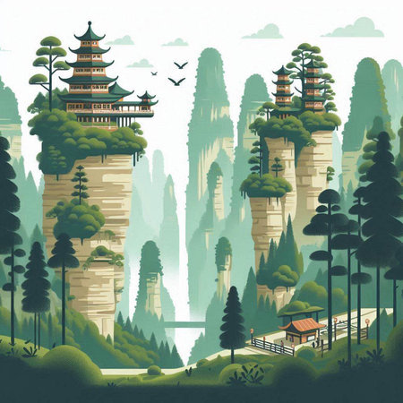 Landscape with pagodas and mountain landscape. Vector illustration.のイラスト素材