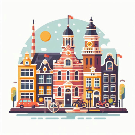 Amsterdam, Netherlands. Colorful vector illustration in flat style.のイラスト素材