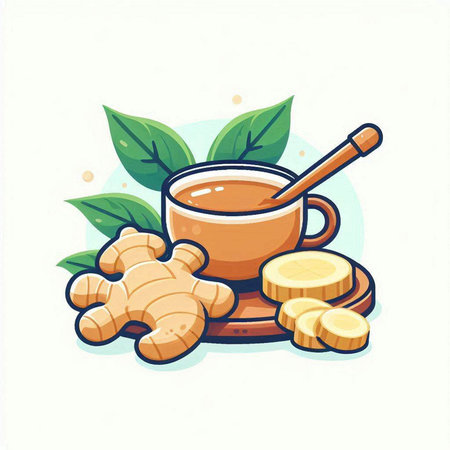 Cup of ginger tea with fresh ginger root, vector illustration.のイラスト素材
