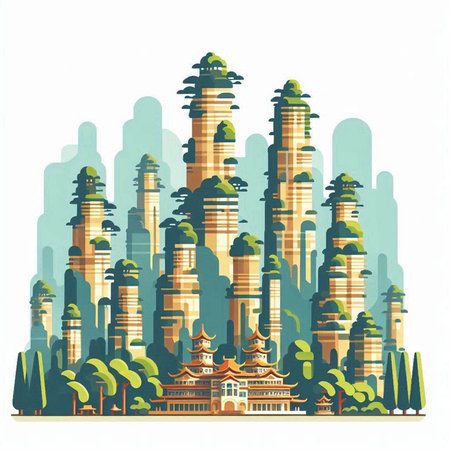 Futuristic buildings in the style of Chinese architecture. Vector illustrationのイラスト素材
