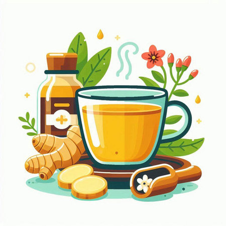 Cup of herbal tea with ginger and honey. Vector illustration.のイラスト素材