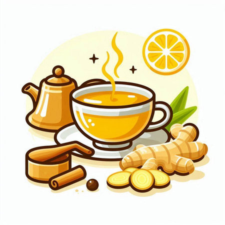 Ginger tea with lemon and cinnamon. Vector illustration in cartoon style.のイラスト素材
