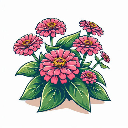Zinnia flowers with leaves isolated on white background. Vector illustration.のイラスト素材