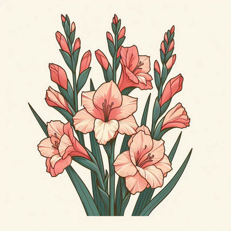 Bouquet of gladiolus flowers. Hand drawn vector illustration.のイラスト素材