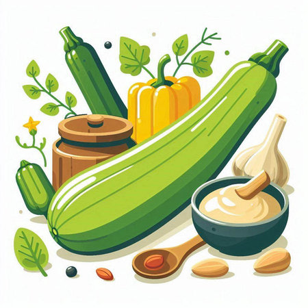 Zucchini and ingredients for cooking. Vector illustration in cartoon style.のイラスト素材