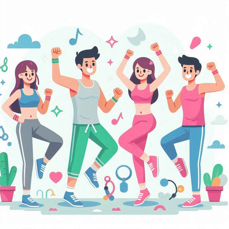 Group of happy people in sportswear jumping and dancing. Vector illustrationのイラスト素材