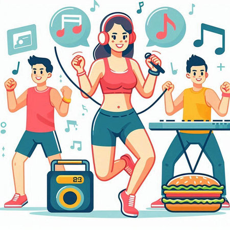 Sporty people in headphones listening to music and dancing. Vector illustration.のイラスト素材