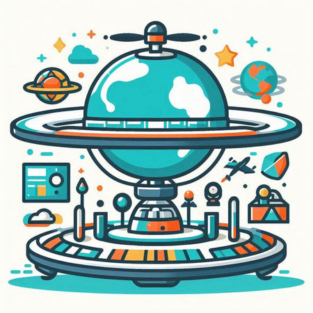 Vector illustration of UFO flying spaceship in space. Line art design for web, site, advertising, banner, poster, board and print.のイラスト素材