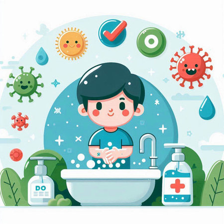 Cute boy washing hands with soap in the bathroom. Vector illustration.のイラスト素材