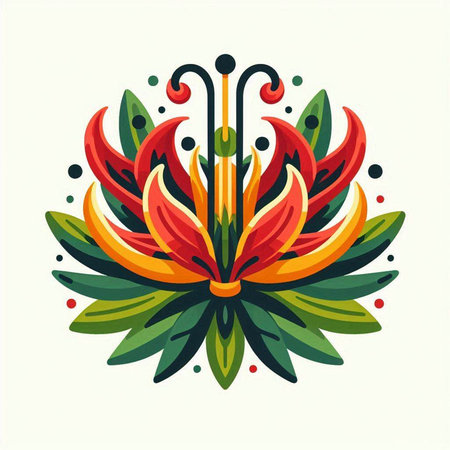 Vector illustration of red, orange, yellow and green tropical flowers.のイラスト素材