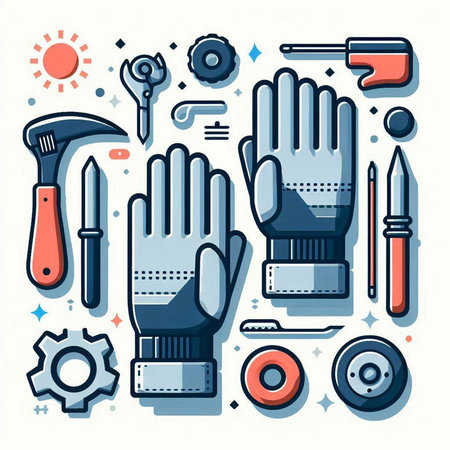 Vector illustration in flat linear style - construction and repair tools - gloves, screwdriver, hammer, wrench, screwdriver.のイラスト素材