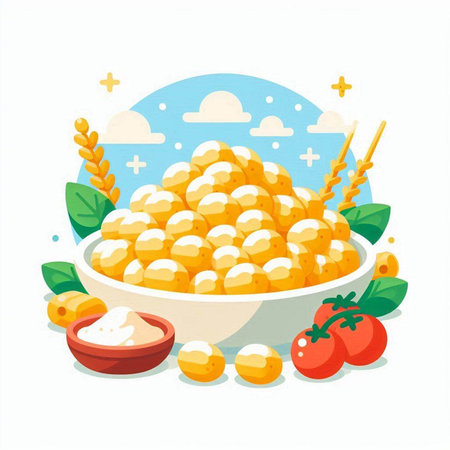 Vector illustration of a bowl of gnocchi and ingredients for itのイラスト素材