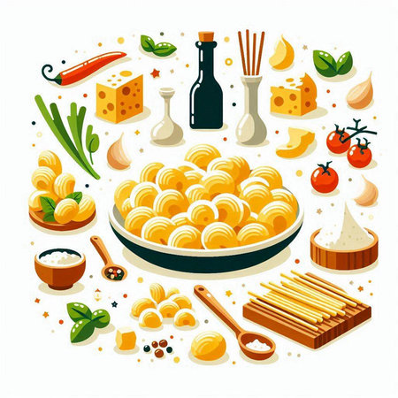 Italian food. Pasta, cheese, olive oil, tomato, basil, garlic, olive oil. Vector illustrationのイラスト素材