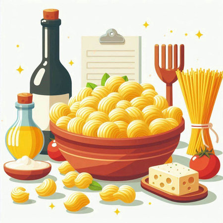 Illustration of a bowl of pasta with ingredients on the table.のイラスト素材