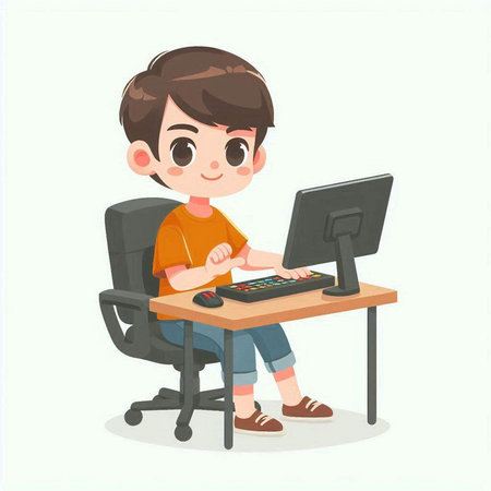 Cute little boy sitting at desk and playing computer games. Vector illustration.のイラスト素材