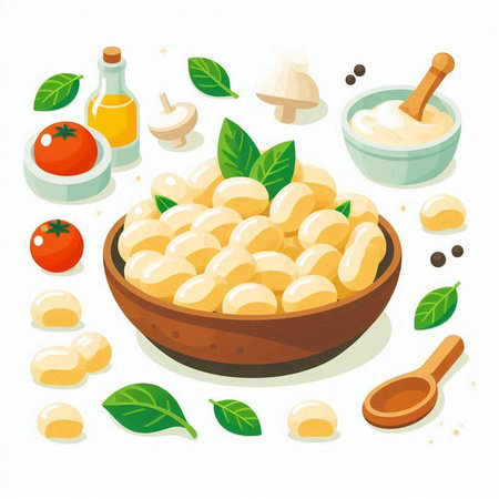 Mozzarella cheese in a wooden bowl and ingredients for making it. Vector illustration.のイラスト素材