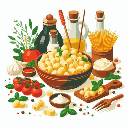 Italian food ingredients. Pasta, tomato, garlic, olive oil, parmesan cheese, basil, spices. Vector illustrationのイラスト素材