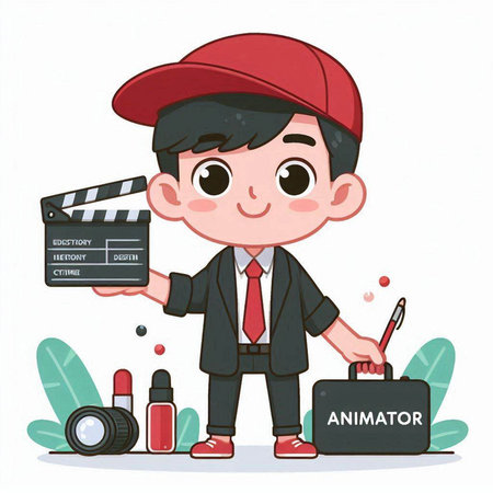 Man in a cap with a movie clapperboard. Vector illustration.のイラスト素材