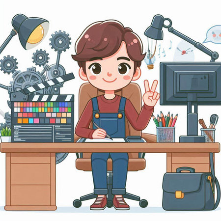 Illustration of a Cute Cartoon Teenage Boy Sitting at His Desk Working on His Projectのイラスト素材