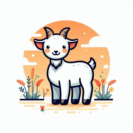 Cute cartoon goat standing in the meadow. Vector illustration.のイラスト素材