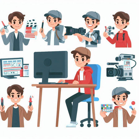 Photographer, videographer, cameraman, cameraman, videographer. Vector illustration.のイラスト素材
