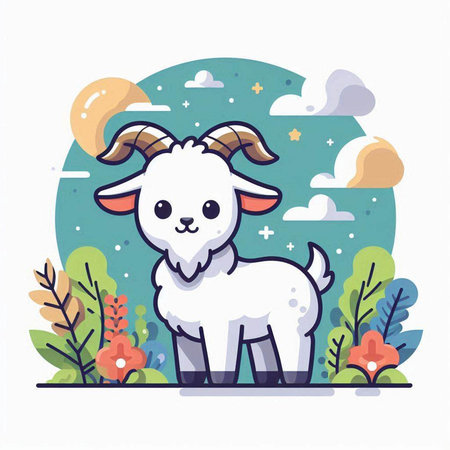 Cute sheep standing on the background of the sky. Vector illustration.のイラスト素材