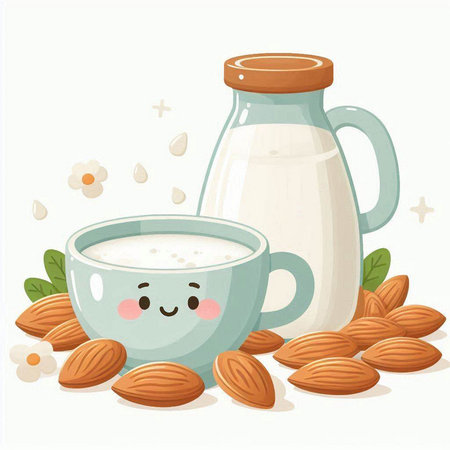 Cute milk and almond milk on white background. Vector illustration.のイラスト素材