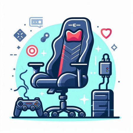 Vector illustration of modern office chair with joystick, gamepad, video game controller and other elements.のイラスト素材
