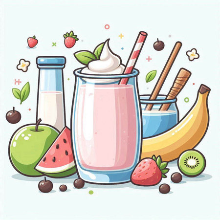 Milkshake with fruits and berries. Vector illustration of a milkshake.のイラスト素材