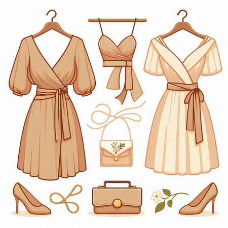 Set of women's clothes and accessories. Vector illustration in cartoon style.のイラスト素材