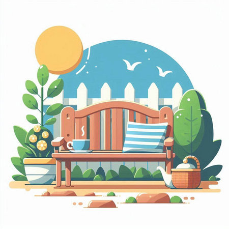 Vector illustration of a bench in the garden with a cup of coffeeのイラスト素材
