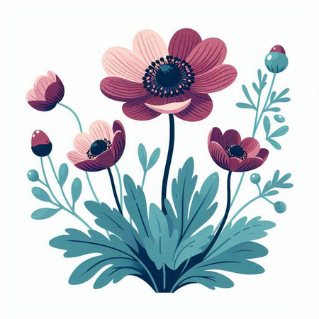 vector illustration of anemone flowers in retro style on white backgroundのイラスト素材