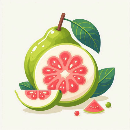 Fresh guava fruit with leaves and slices on white background. Vector illustration.のイラスト素材