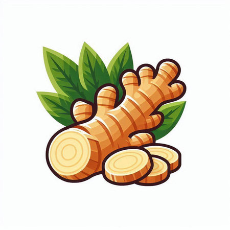 Ginger root with leaves isolated on white background. Vector illustration.のイラスト素材