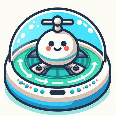 Illustration of a Cute Cartoon Robot Floating on a Spaceshipのイラスト素材