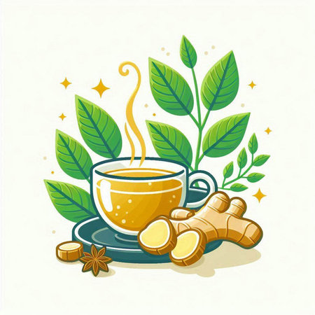Cup of tea with ginger, leaves and star. Vector illustration.のイラスト素材