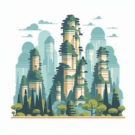 Landscape with skyscrapers and green trees. Vector illustration.のイラスト素材