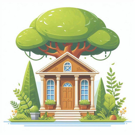Vector illustration of a house with a tree in the garden. Cartoon style.のイラスト素材