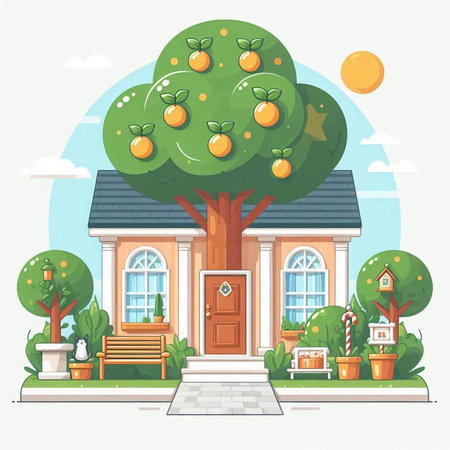 Vector illustration of an orange tree in front of a house in the garden.のイラスト素材