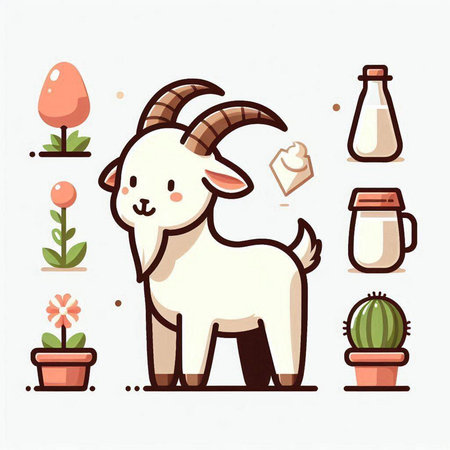 Cute cartoon goat with different icons set. Vector illustration in flat style.のイラスト素材